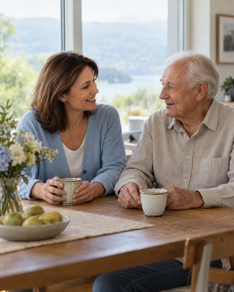 Illustrative Szene: Eine Tochter und ihr Vater im Gespräch zu Hause